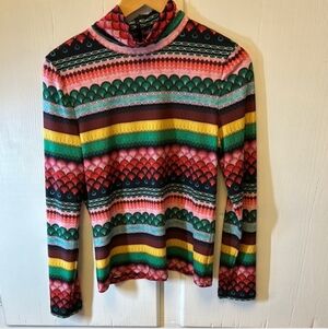 alice + olivia Delaina Mixed Stripe Turtleneck Boho Geo Long Sleeve Top  size L